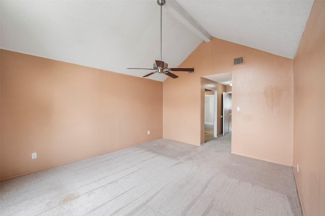 4027 Brookhead Trl, Houston, TX 77066 - unfurnished room featuring ceiling fan, visible vents, beam ceiling, high vaulted ceiling, and light carpet