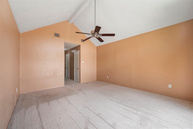 4027 Brookhead Trl, Houston, TX 77066 - carpeted spare room featuring high vaulted ceiling, beamed ceiling, a ceiling fan, and visible vents