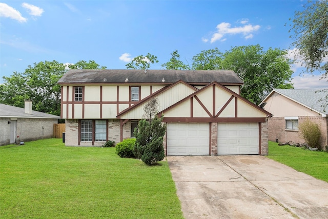 4027 Brookhead Trl, Houston, TX 77066 - tudor home featuring concrete driveway, brick siding, an attached garage, and a front yard