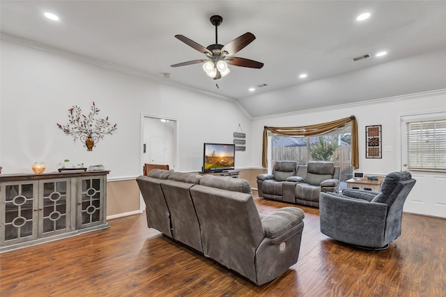 living area featuring crown molding, ceiling fan, lofted ceiling, dark wood-type flooring, and visible vents