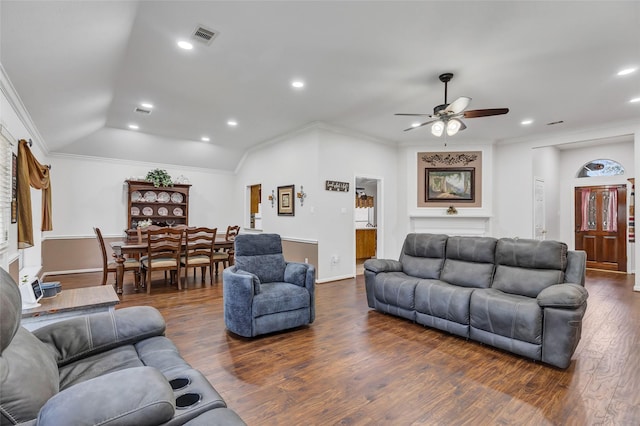 living room with visible vents, ornamental molding, dark wood-style flooring, ceiling fan, and recessed lighting