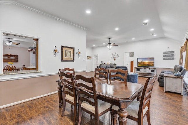 dining space with crown molding, ceiling fan, and wood finished floors