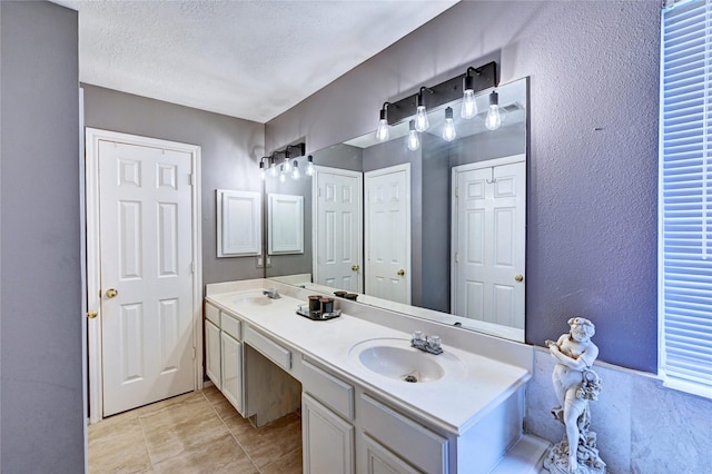 bathroom with a sink, a textured wall, and double vanity