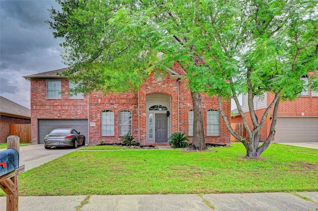 traditional home featuring a garage, brick siding, fence, a front lawn, and concrete driveway