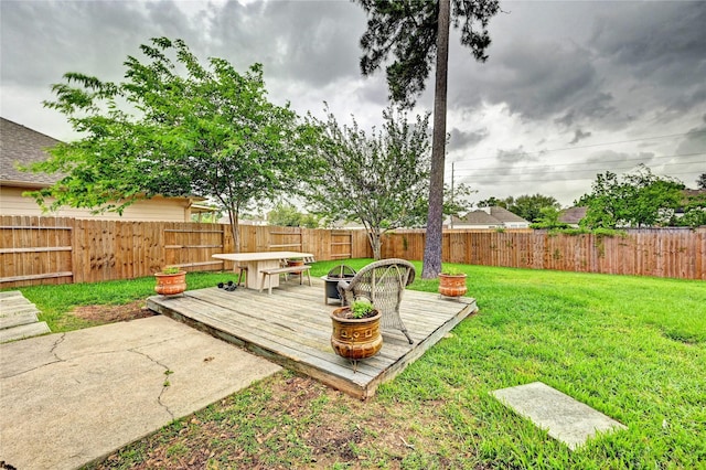view of yard featuring a deck and a fenced backyard