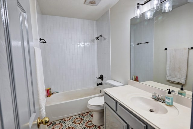 bathroom featuring washtub / shower combination, tile patterned flooring, vanity, toilet, and visible vents