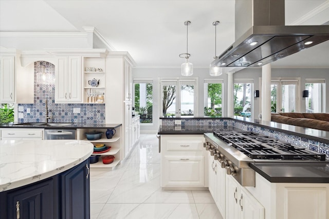 1623 Scenic Shore Dr, Kingwood, TX 77345 - kitchen with open shelves, wall chimney range hood, a sink, appliances with stainless steel finishes, and blue cabinetry