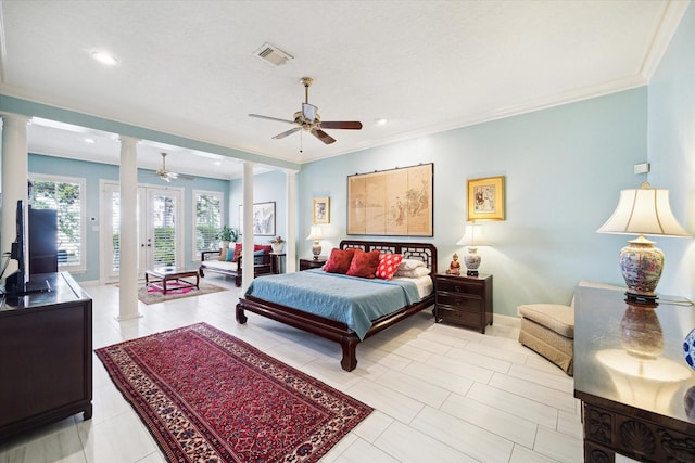 1623 Scenic Shore Dr, Kingwood, TX 77345 - bedroom with crown molding, decorative columns, access to exterior, and visible vents