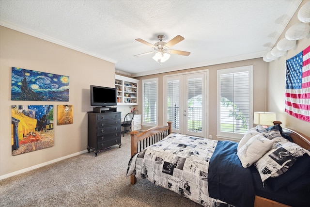 1623 Scenic Shore Dr, Kingwood, TX 77345 - bedroom featuring french doors, ornamental molding, carpet, and access to exterior