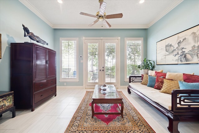 1623 Scenic Shore Dr, Kingwood, TX 77345 - living area featuring crown molding, ceiling fan, french doors, and recessed lighting