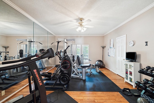 1623 Scenic Shore Dr, Kingwood, TX 77345 - workout area with crown molding, a ceiling fan, a textured ceiling, and wood finished floors