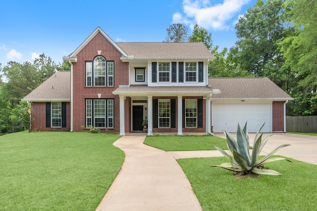 view of front of house with a front yard, roof with shingles, brick siding, an attached garage, and driveway