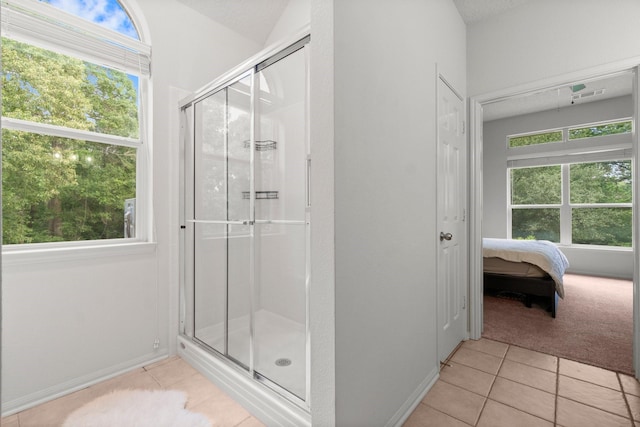 full bathroom featuring tile patterned flooring, plenty of natural light, and a stall shower