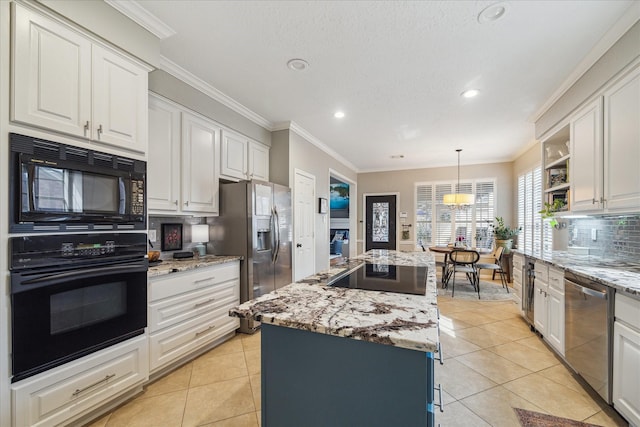 kitchen with a kitchen island, recessed lighting, backsplash, light tile patterned floors, and black appliances