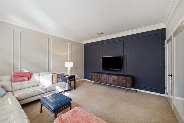 carpeted living area with visible vents, ornamental molding, and a decorative wall