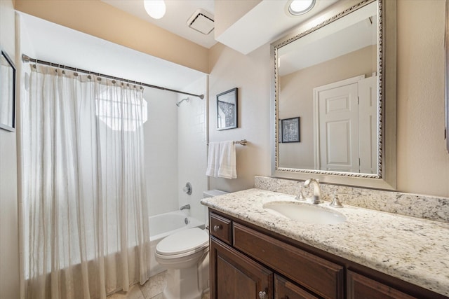 bathroom featuring vanity, tile patterned flooring, visible vents, shower / bath combination with curtain, and toilet