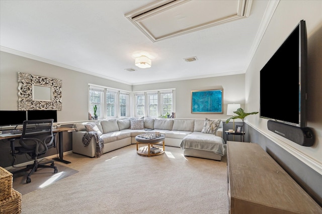 living area with visible vents, crown molding, and carpet floors