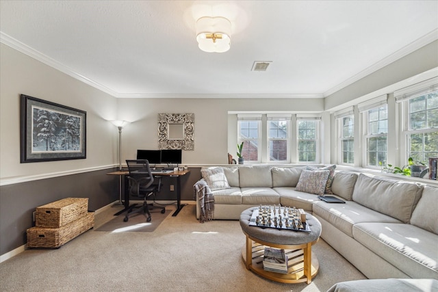 living area with crown molding, baseboards, carpet flooring, and visible vents
