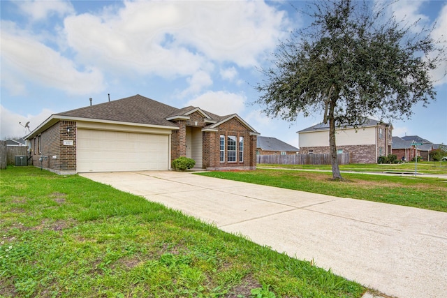 ranch-style home featuring brick siding, a garage, fence, and concrete driveway