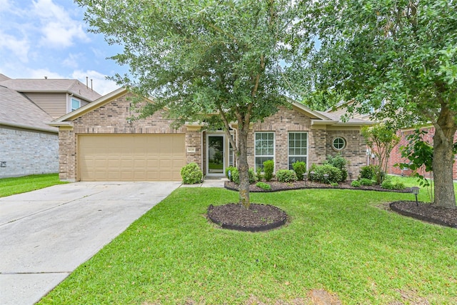 single story home featuring an attached garage, driveway, a front lawn, and brick siding