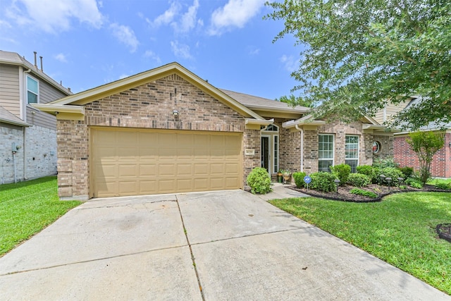 ranch-style house featuring brick siding, a front lawn, an attached garage, and driveway