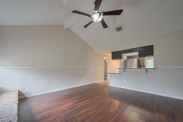 unfurnished living room featuring ceiling fan, visible vents, dark wood finished floors, baseboards, and lofted ceiling with beams