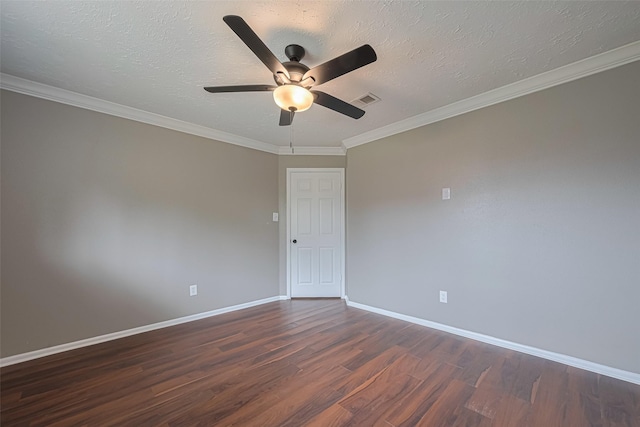 unfurnished room featuring visible vents, crown molding, baseboards, a ceiling fan, and dark wood finished floors