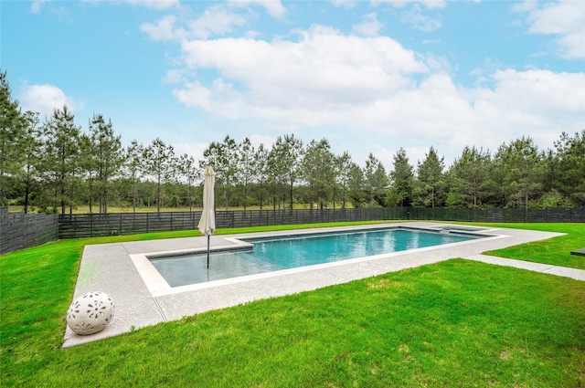 view of pool featuring a fenced backyard, a fenced in pool, and a lawn