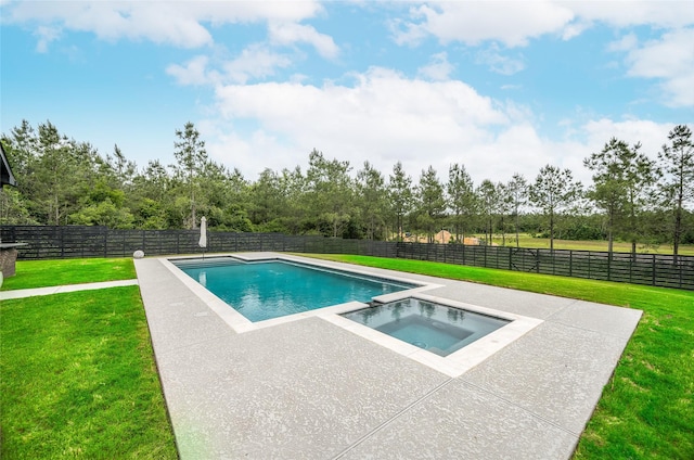 view of pool with a fenced in pool, a fenced backyard, an in ground hot tub, and a yard