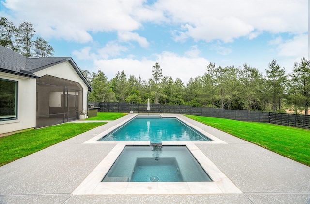 view of swimming pool featuring an in ground hot tub, a lawn, a sunroom, a fenced in pool, and a fenced backyard