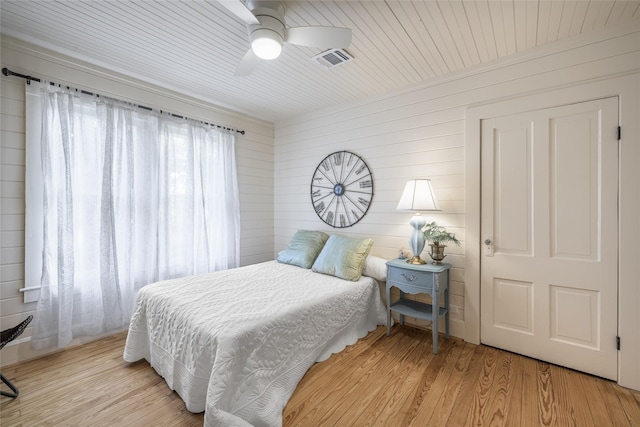 303 S Mechanic St, Fayetteville, TX 78940 - bedroom with ceiling fan, wood walls, wood finished floors, visible vents, and wood ceiling