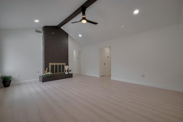 unfurnished living room featuring light wood-style floors, a brick fireplace, a ceiling fan, baseboards, and vaulted ceiling with beams