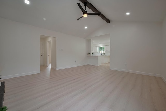 unfurnished living room featuring a ceiling fan, recessed lighting, lofted ceiling with beams, and light wood-style flooring