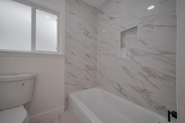 full bathroom featuring baseboards, toilet,  shower combination, and marble finish floor