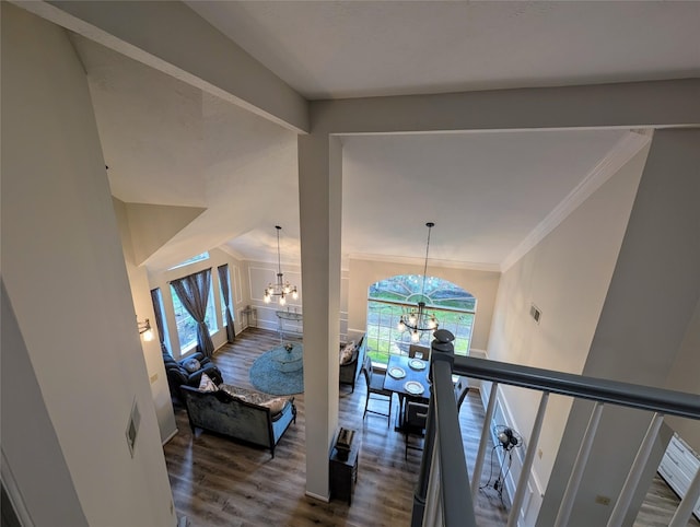 2 Skyland Pl, The Woodlands, TX 77381 - hallway featuring a chandelier, dark wood finished floors, and ornamental molding