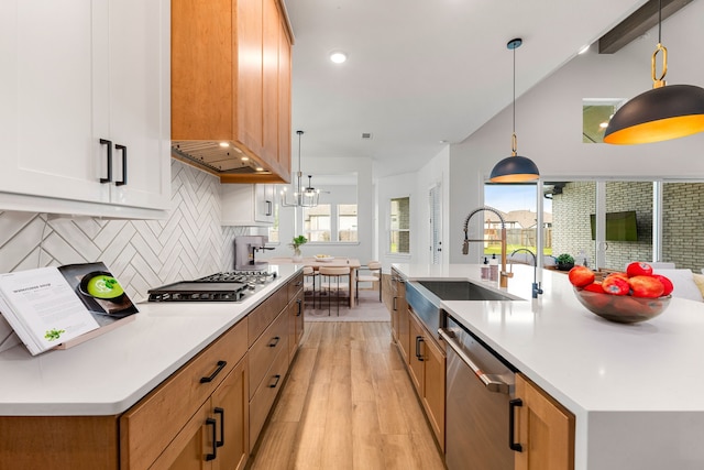 kitchen with backsplash, appliances with stainless steel finishes, a sink, custom range hood, and light wood-style flooring