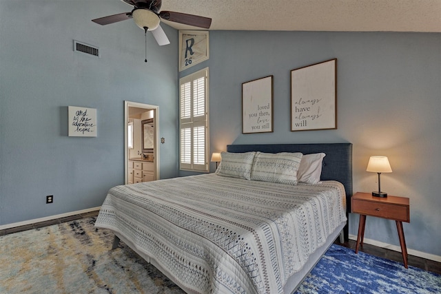 bedroom featuring visible vents, baseboards, ceiling fan, and high vaulted ceiling