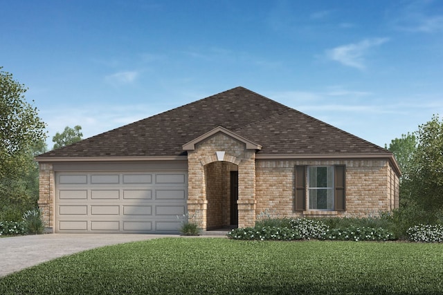 single story home featuring concrete driveway, brick siding, a front yard, and roof with shingles