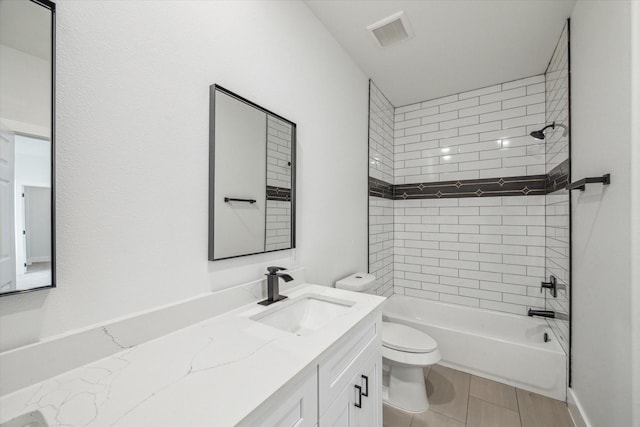 full bath featuring visible vents, tile patterned flooring, bathtub / shower combination, vanity, and toilet