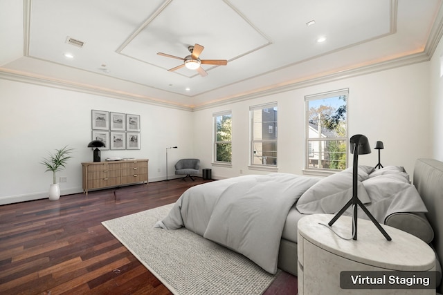 6115 Hamman St, Houston, TX 77007 - bedroom with a raised ceiling, dark wood finished floors, crown molding, recessed lighting, and ceiling fan