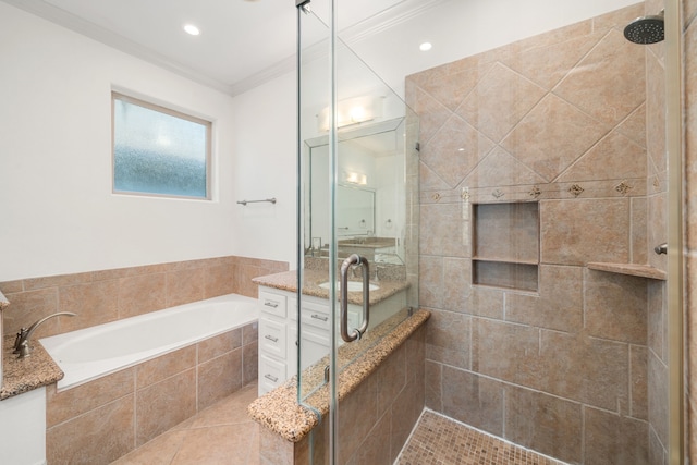 6115 Hamman St, Houston, TX 77007 - bathroom with a shower stall, a bath, ornamental molding, and recessed lighting