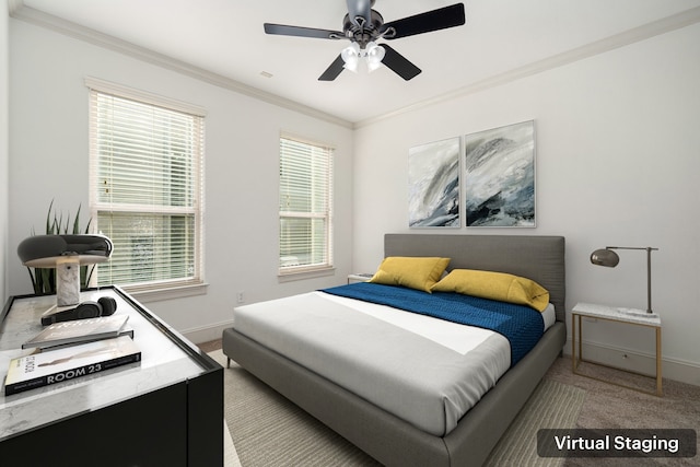 6115 Hamman St, Houston, TX 77007 - carpeted bedroom featuring baseboards, crown molding, and ceiling fan