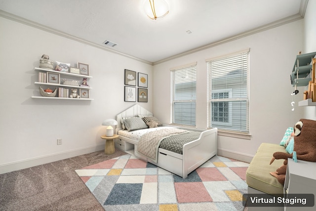 6115 Hamman St, Houston, TX 77007 - bedroom featuring crown molding, baseboards, and carpet flooring