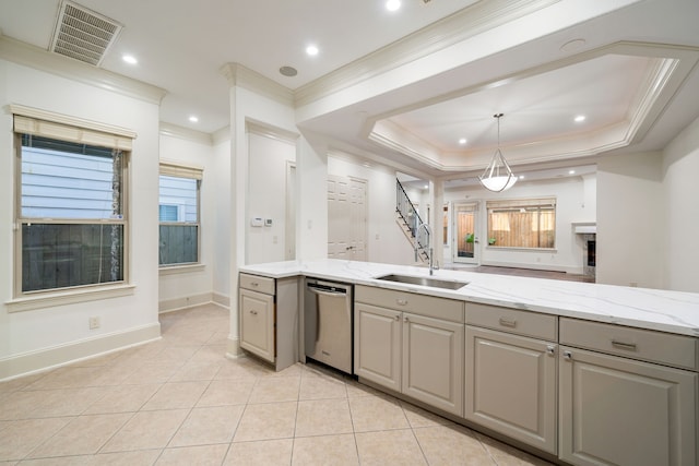 6115 Hamman St, Houston, TX 77007 - kitchen featuring a sink, gray cabinetry, stainless steel dishwasher, healthy amount of natural light, and ornamental molding