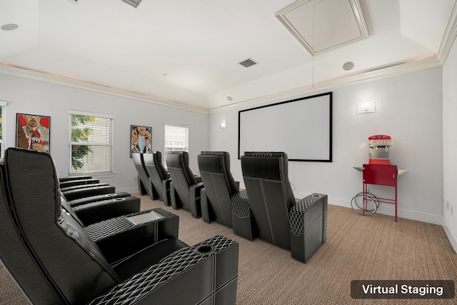6115 Hamman St, Houston, TX 77007 - cinema room with a raised ceiling, light colored carpet, ornamental molding, and baseboards