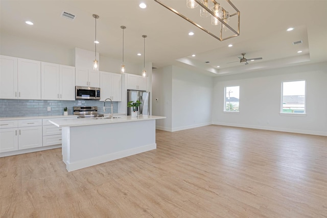 4206 Mason Dr, Galveston, TX 77554 - kitchen featuring a sink, light wood-style flooring, a tray ceiling, and stainless steel appliances