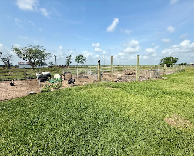 view of yard featuring fence, a garden, and a rural view