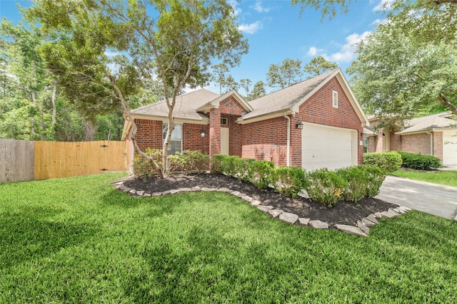 ranch-style house with a garage, brick siding, fence, a front lawn, and a shingled roof