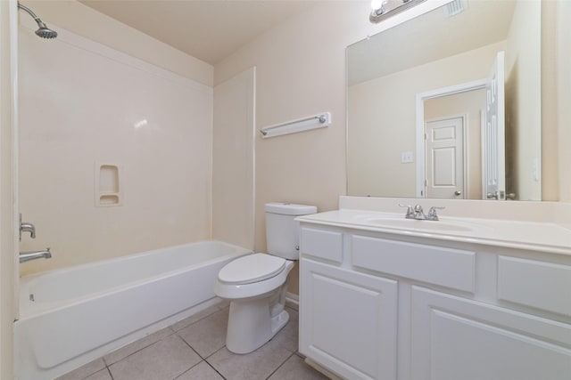 full bath with tile patterned flooring, shower / bathtub combination, toilet, and vanity