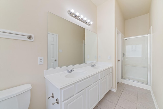 bathroom featuring toilet, a shower stall, a sink, and tile patterned flooring